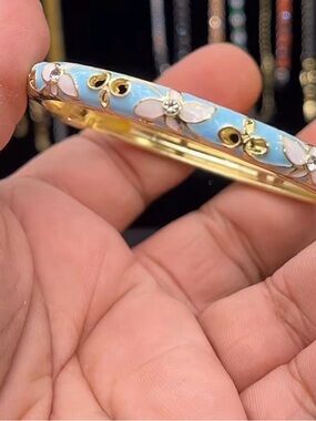 Gold Plated Blue Enamel Floral Bangle Bracelet